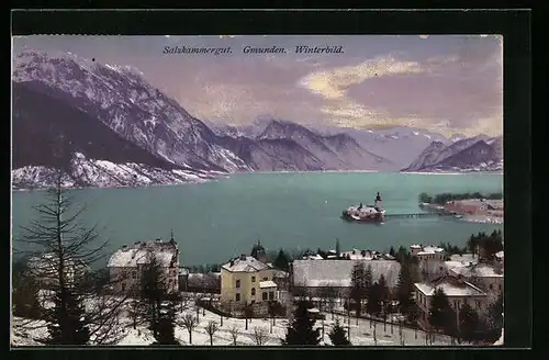 AK Gmunden, Winterbild von Ort und Umgebung