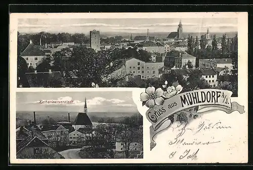 AK Mühldorf a. S., Ortsansicht, Katharinenvorstadt aus der Vogelschau