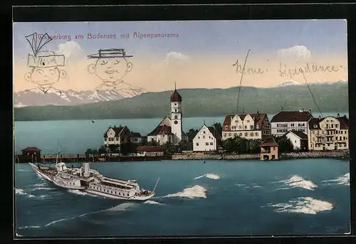 AK Wasserburg am Bodensee, Ortsansicht mit Alpenpanorama