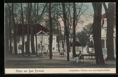 AK Bad Pyrmont, Hauptallee, Theater und Lortzing-Denkmal