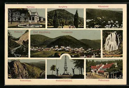 AK Bad Harzburg, Totalansicht, Kurhaus, Villenviertel, Bismarckdenkmal, Molkenhaus, Radautal, Burgberg, Rabenklippe