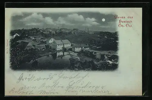 Mondschein-AK Haslach, Ortsansicht aus der Vogelschau