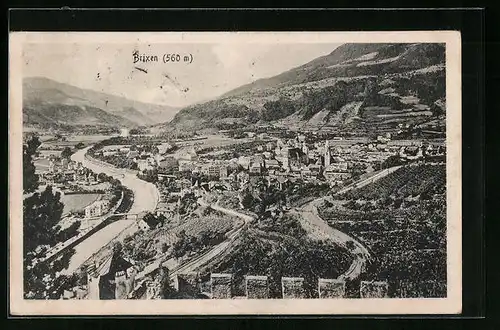AK Brixen, Ortsansicht mit Fluss und Kirche