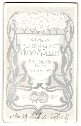 Fotografie Hugo Müller, Freiberg i. Sa., Fischerstr. 29, blühende Blumen & Messe-Medaille, Rückseitig Herren Portrait