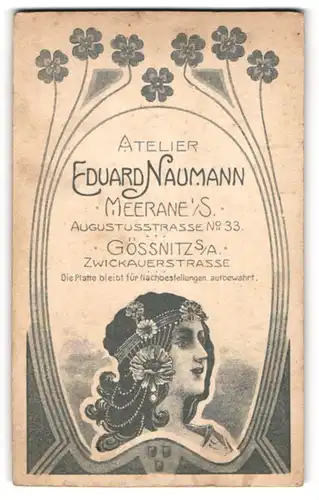Fotografie Eduard Naumann, Meerane i. S., Augustusstr. 33, Dame mit Haarschmuck, Rückseitig Baby Portrait