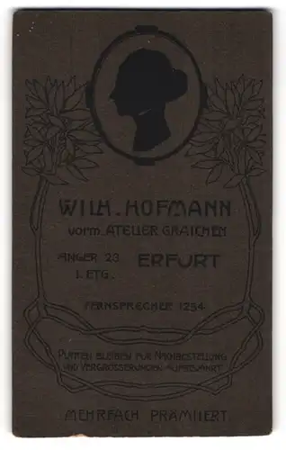 Fotografie Wilhelm Hofmann, Erfurt, Anger 23, Damen Silhouette - Scherenschnitt Portrait, Rückseitig Paar Portrait