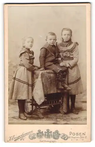 Fotografie J. Engelmann, Posen, Wilhelmstrasse 8, Drei kleine Geschwister in ihren Sonntagsgewändern gekleidet