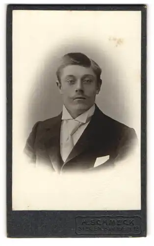 Fotografie H. Schmeck, Siegen, Bahnhofstrasse 12, Junger Mann mit Oberlippenbart, Krawatte und Einstecktuch