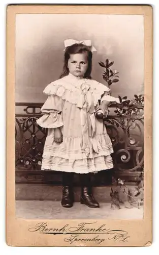 Fotografie Bernh. Franke, Spremberg /Niederlausitz, Kleines Mädchen im strahlend weissen Rüschenkleid