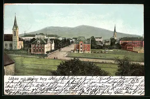 AK Löbau, Ansicht mit Löbauer Berg und Kirche