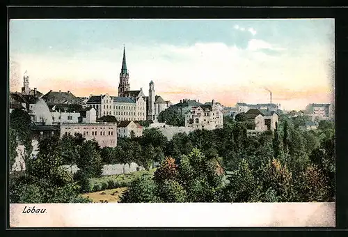 AK Löbau, Ortsansicht mit Blick auf Kirche