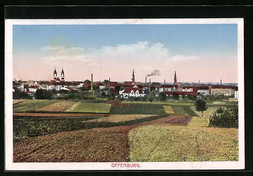 AK Offenburg, Ortsansicht mit 4 Kirchtürmen