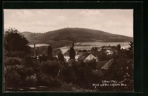 AK Löbau i. S., Blick auf den Löbauer Berg mit Häusern und Schornstein