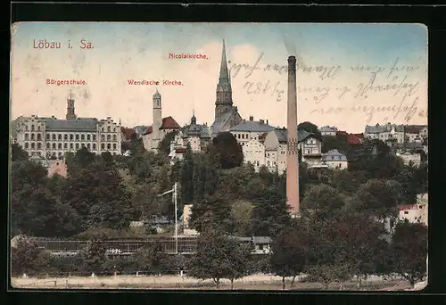 AK Löbau i. Sa., Ansicht mit Bürgerschule und Nicolaikirche