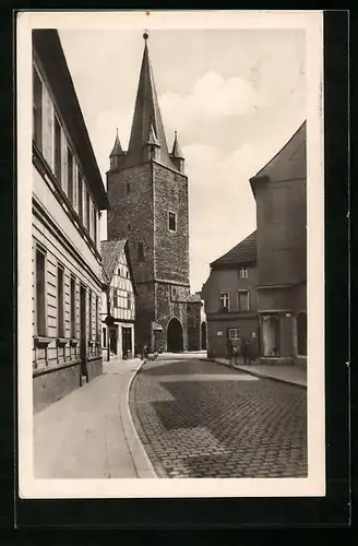 AK Aschersleben, Strassenpartie mit Johannisturm