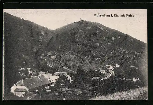 AK Wasserburg, Ortsansicht mit Ruine