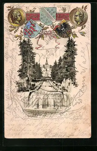 Passepartout-Lithographie Kassel-Wilhelmshöhe, Blick zu den Cascaden, Wappen