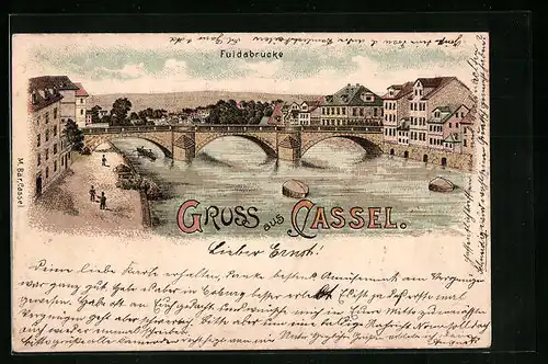Lithographie Cassel, Ortspartie an der Fuldabrücke