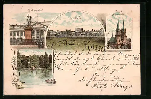 Vorläufer-Lithographie Kassel, Friedrichsdenkmal, Orangerieschloss, St. Martinskirche, Aueteich, 1893