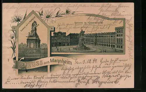 Lithographie Mannheim, Schloss mit Kaiserdenkmal, Marktplatz