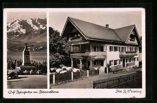 AK Assenhausen-Leoni, Cafe Rosengarten mit Bismarkturm am Starnberger See