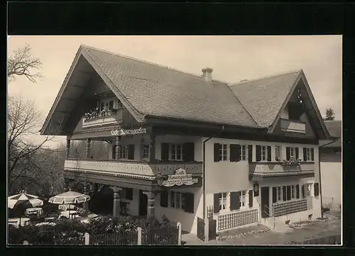 Foto-AK Assenhausen-Leoni, Cafe Rosengarten mit Bismarkturm am Starnberger See