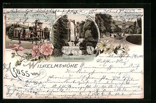 Lithographie Wilhelmshöhe, Löwenburg, Aquaduct Wasserfall, Fernansicht von der Allee