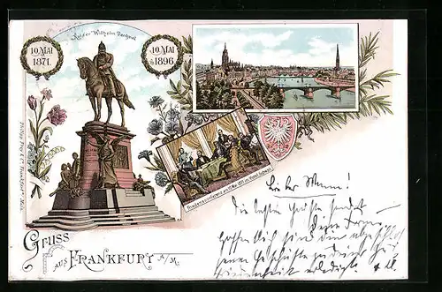 Lithographie Frankfurt /Main, Panorama mit Dom, Kaiser Wilhelm-Denkmal, Friedenskonferenz im Hotel Schwan