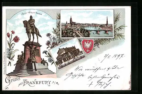 Lithographie Frankfurt /Main, Panorama mit Dom, Kaiser Wilhelm-Denkmal, Opernhaus
