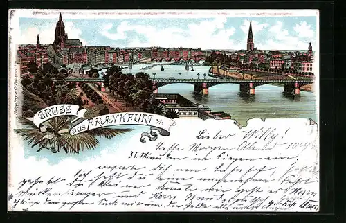 Lithographie Alt-Frankfurt, Panorama mit Dom und Brücken