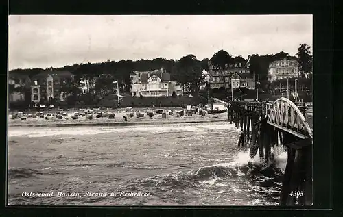AK Bansin, Ortspartie mit Strand und Seebrücke