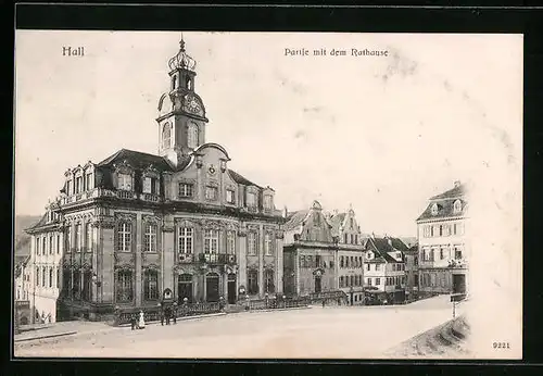 AK Hall, Strassenpartie mit dem Rathaus