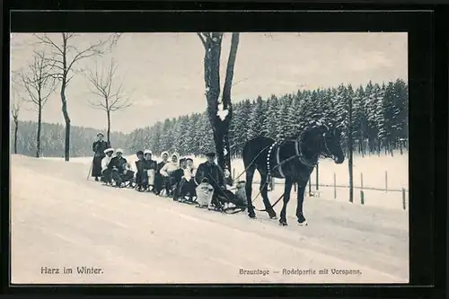 AK Braunlage /Harz, Rodelpartie mit Vorspann