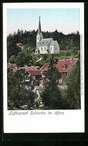 AK Schierke im Harz, Ortspartie mit Kirche