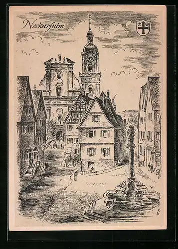 Künstler-AK Neckarsulm /Württemberg, Strassenpartie mit Gasthaus und Denkmal