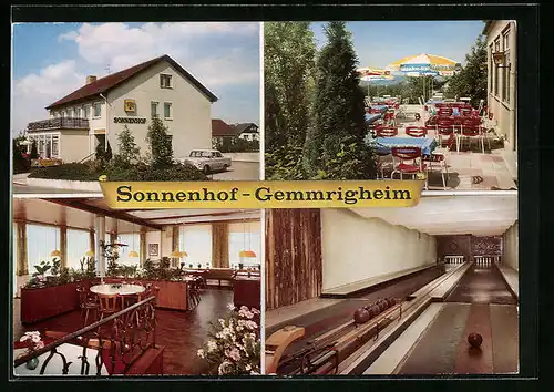 AK Gemmrigheim am Neckar, Gasthaus Sonnenhof, Innenansichten Gastraum und Bowlingbahn