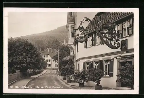 AK Herrenalb, Hotel zur Post (Ochsen) mit Strasse