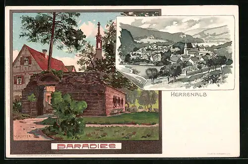 Künstler-AK Karl Mutter: Herrenalb, Ortspartie und Paradies