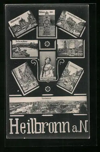 AK Heilbronn a. N., Rathausuhr, Kätchen von Heilbronn, Hafenmarkt