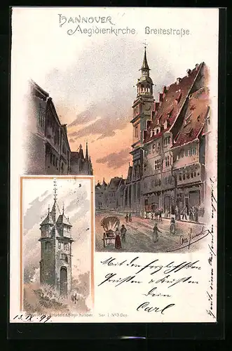 Lithographie Hannover, Aegidienkirche, Breitestrasse