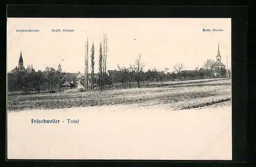 AK Fröschweiler, Totalansicht mit Friedenskirche, Schloss und Kath. Kirche