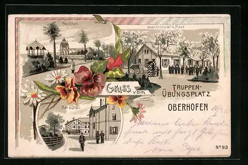 Künstler-AK Oberhofen, Truppen-Übungsplatz, Wachtlokal und Post mit Soldaten, Pavillon, Baracken