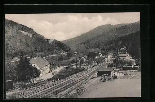 AK Stambach bei Zabern, Ortspartie mit Bahngleis