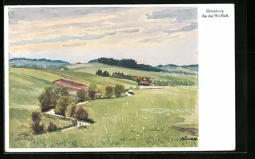 Künstler-AK Ortenburg /Wolfach, Landschaftspartie gegen Ort