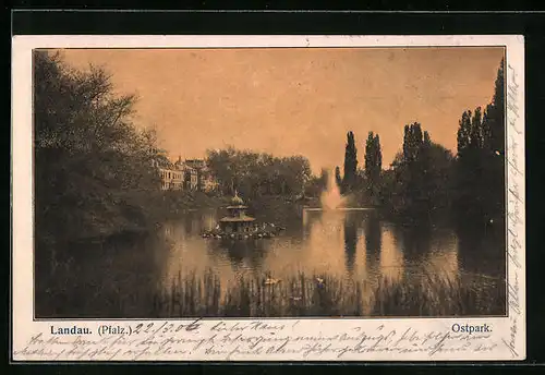 AK Landau /Pfalz, Ostpark mit Teich und Fontäne