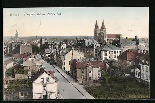 AK Landau, Hauptansicht von Süden aus mit Kirchtürmen