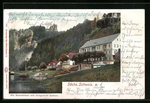 AK Rathen / Sächs. Schweiz, Basteifelsen mit Gasthaus Erbgericht