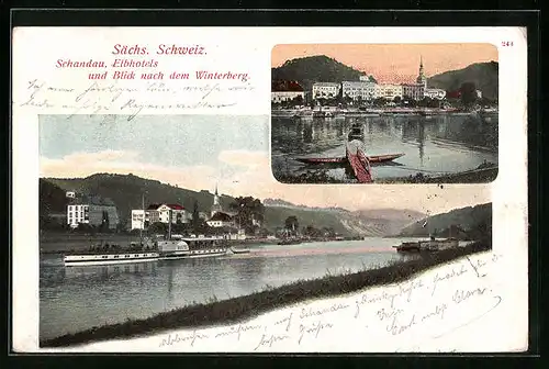 AK Schandau / Sächs. Schweiz, Elbhotels und Blick nach dem Winterberg