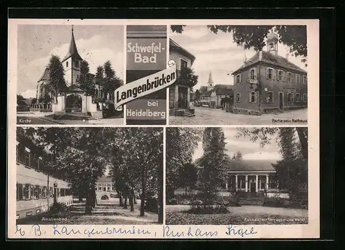 AK Langenbrücken b. Heidelberg, Partie am Rathaus, Amalienbad, Kirche