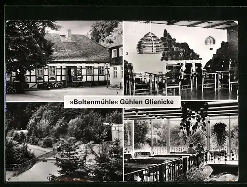 AK Gühlen Glienicke, Konstum-Gasthaus Boltenmühle, Saal mit Bienenbach